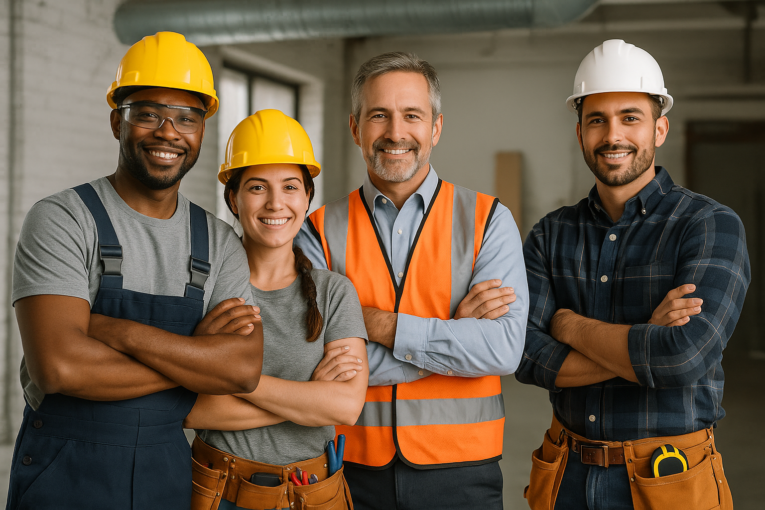 Four construction workers posing together in a professional setting